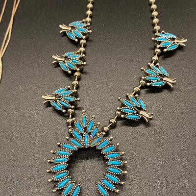 Vintage Silver Tone Faux Turquoise Southwestern Style Jewelry Necklace Squash Blossom
