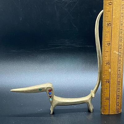 Vintage Small Brass Sculpture Ring Holder of Dachshund with Colored Gems
