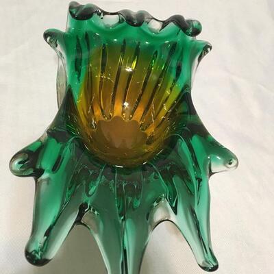 Vintage 1960â€™s Murano Art Glass Green Cased Bowl Dish 