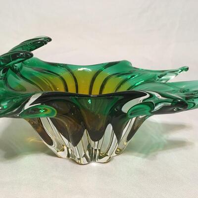 Vintage 1960â€™s Murano Art Glass Green Cased Bowl Dish 