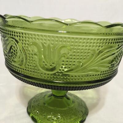 EO Brody Co Green Glass Footed Compote Bowl Dish Comporte Depression Era