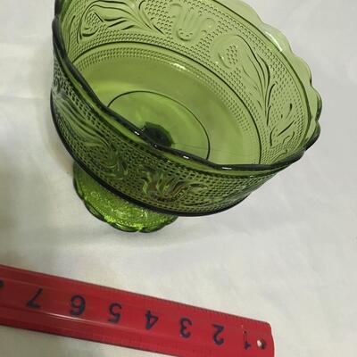EO Brody Co Green Glass Footed Compote Bowl Dish Comporte Depression Era