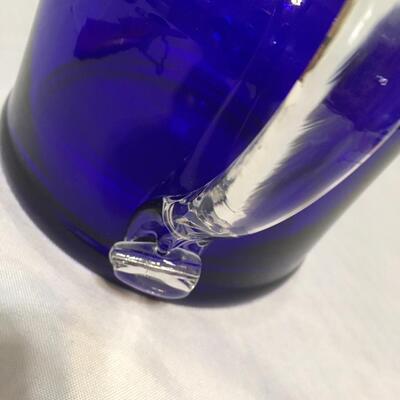 Cobalt Blue Hand Blown Glass Pitcher w/ Applied Clear Glass Handle