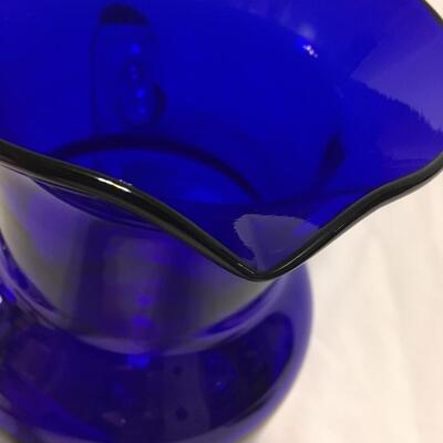 Cobalt Blue Hand Blown Glass Pitcher w/ Applied Clear Glass Handle