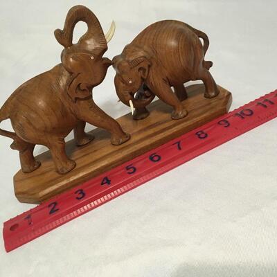 Carved Wood Fighting Elephants Made in India Mid Century Modern