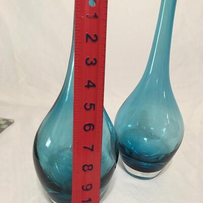 Modernist Blue Heavy Bottom Thin Neck Glass Vase 12.5â€ 