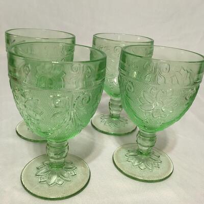 Indiana Tiara Sandwich Glass Chantilly Green Tall Footed Water Goblets s/ 4