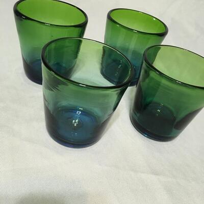 Vintage Blue and Green Hand Blown Glass Drink Glasses/   Set of 4