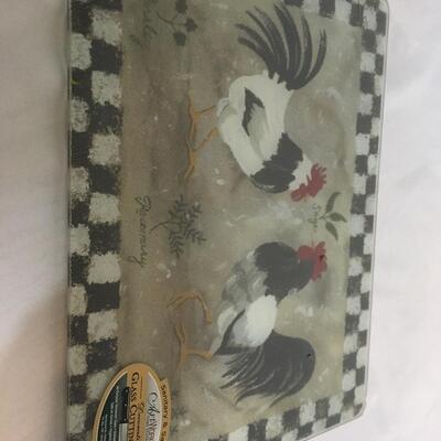 New sealed Glass Cutting Board. Roosters