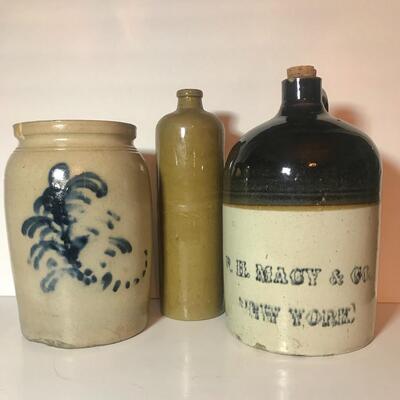 Lot 185: Antique Stoneware Crock, Bottle, and Jug