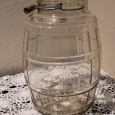 Lot 333: Antique Glass Pickle Barrel Jar with Wood Handle