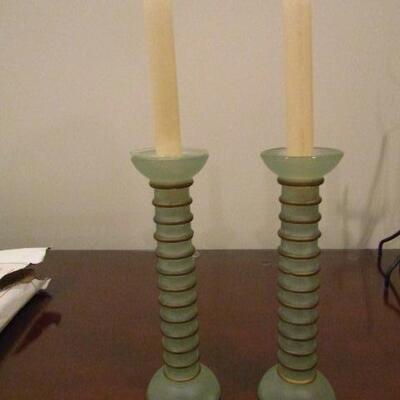 Decorative Glass Candle Stick Holder Pair- Approx 9 1/2