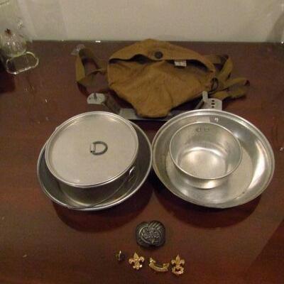 Boy Scout Related Items- Pins, Mess Kit, and Scarf Slide
