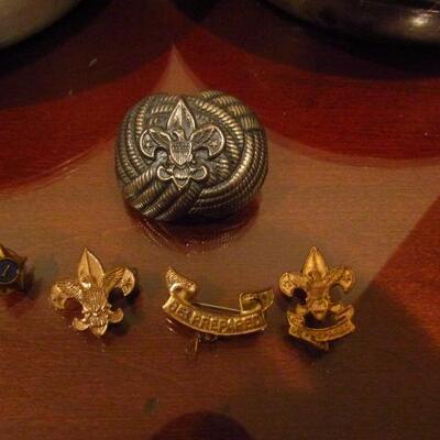 Boy Scout Related Items- Pins, Mess Kit, and Scarf Slide
