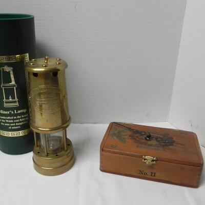 LOT 207  MINERS LAMP & WOODEN CLOCK