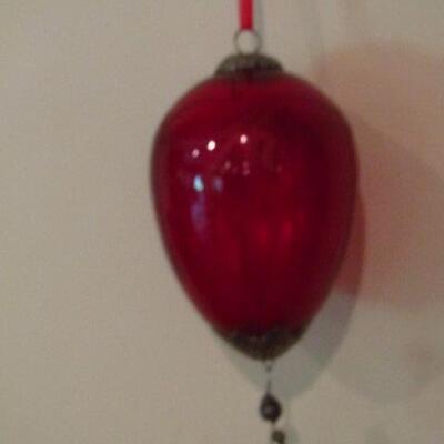 Hanging Red Glass 'Egg' Shaped Decor- Engraved with Ribbon Shapes
