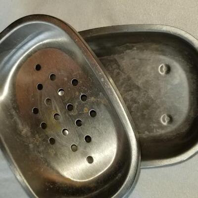 Lot 497: Soaps, Ceramic soap dish, Stainless soap dishes & Cat Scrubber 