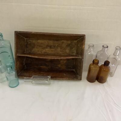 C - 182. Vintage Wooden Toolbox with Variety of Antique Bottles ( McCormick/Kilmers )