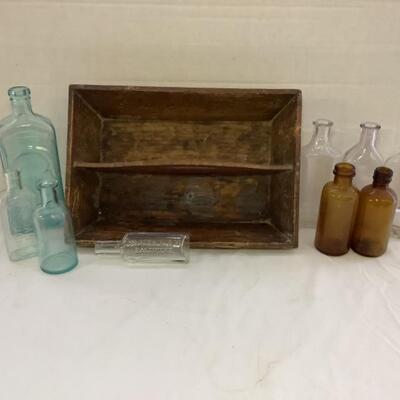 C - 182. Vintage Wooden Toolbox with Variety of Antique Bottles ( McCormick/Kilmers )