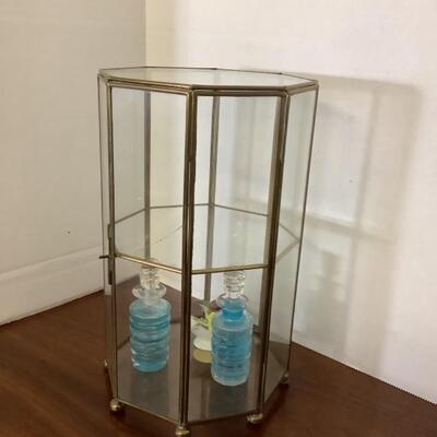 C - 187  Octagon Glass Display Case with Antique Perfume Perfume Bottles