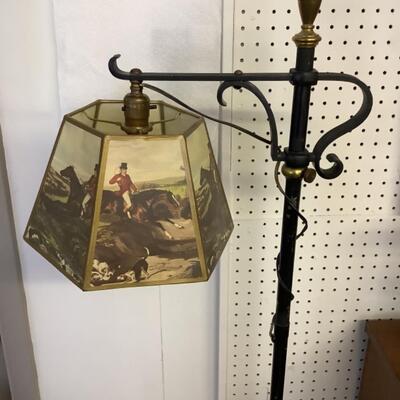 C - 191. Black Wrought Iron Floor Lamp with Equestrian Shade 
