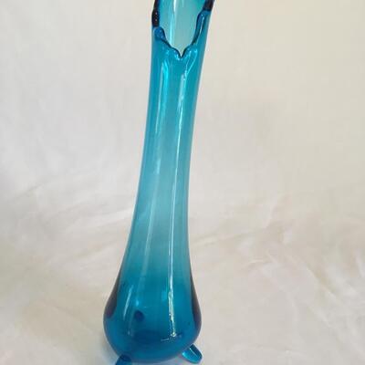 Vintage Blue Stretch Art Glass  Vase 3-footed 13-H