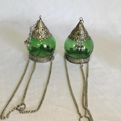 Set of HangingGlass  lantern . Green