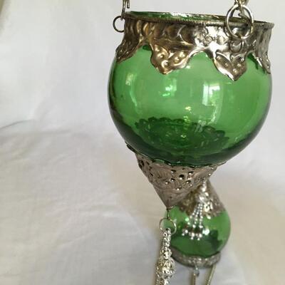 Set of HangingGlass  lantern . Green