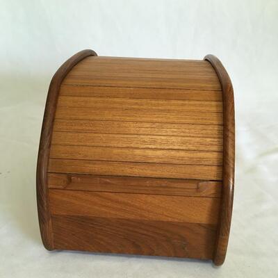 Teak Tambour Roll Top Wood Storage Box Desk Organizer Mid Century 