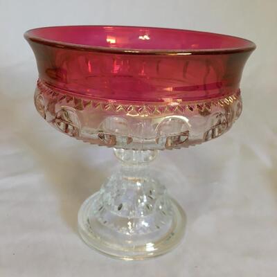 Vtg Thumbprint Clear w/Ruby Band Pedestal Compote/Candy - Tiffin King's Crown??