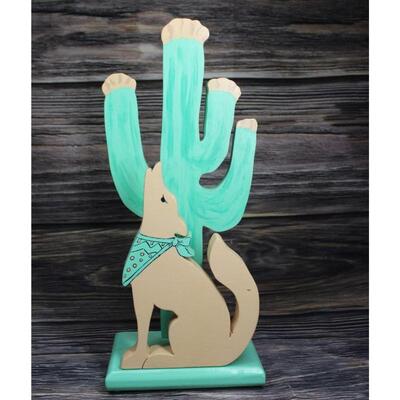 Vintage Hand Painted Wood Dog Coyote Wolf Howling with Cactus Home Decor 