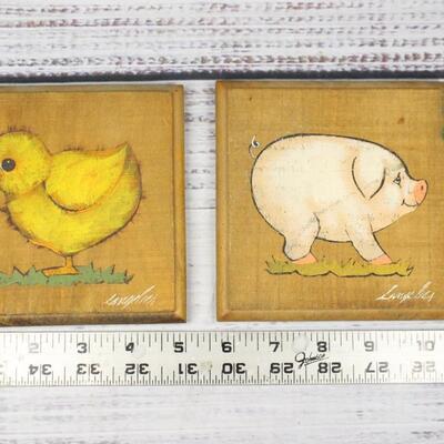 Pair of Vintage Small Wood Panel Hangable Decor of Baby Chick and Pig 