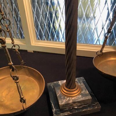 #45 Brass and marble scale with towel holder