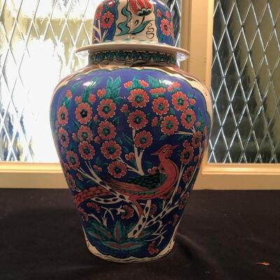 #58 Hand painted vase with flowers, peacock