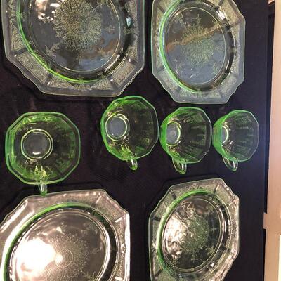 #61 Green glass cups and plates