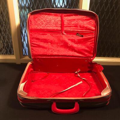 #63 Cute denim and red vintage luggage 