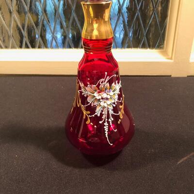 #74 Red hand painted glass decanter