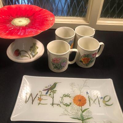 #118- Various dishes, poppy cake stand garden mugs and garden trayÃŠ