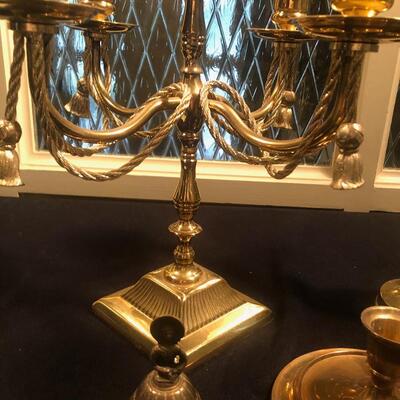 #119- brass bundle Includes candelabra candleholders book holder and Bell