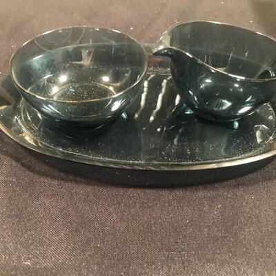 #120- Three piece blue glass tea set simplistic unique style