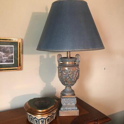 #145- Lamp with Greek inspired men and box with bass gold ornate solid lampÃŠ
