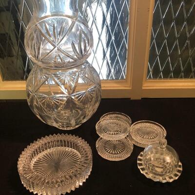 #177- crystal coasters, vase, ash tray, covered butter trayÃŠ