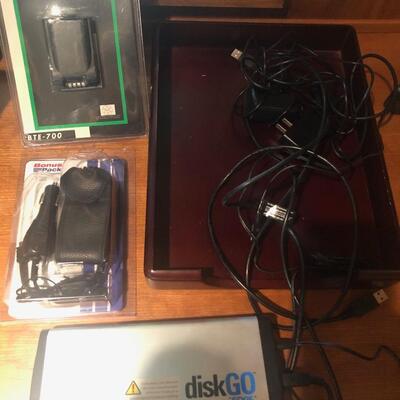 #193 External hard drive and old flip phone cell phone charger and accessories