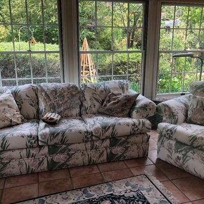#227 Floral Couch and accent chair includes throw pillows and blankets