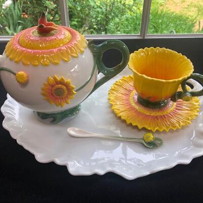 #229 Sunflower tea set includes tea pot tea cup and stir stick