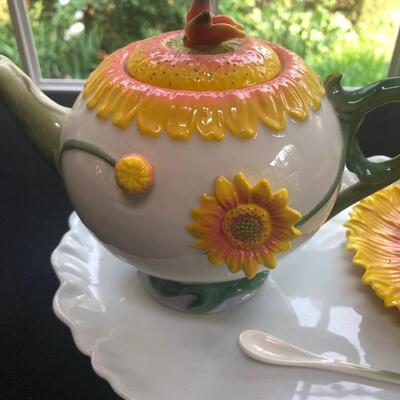 #229 Sunflower tea set includes tea pot tea cup and stir stick