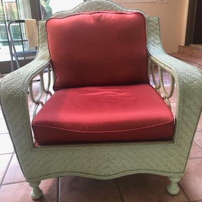 #231 Wide green rattan chair with Burnt orange cushions