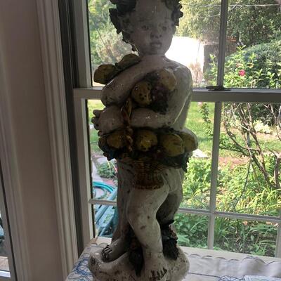 #233 Large heavy statue cherub holding flowers and fruit