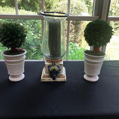 #239 Two topiaries and large candleholder