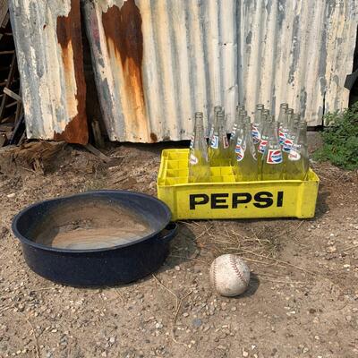 #13 Pepsi Crate With Bottles & Vintage Enamel Pan